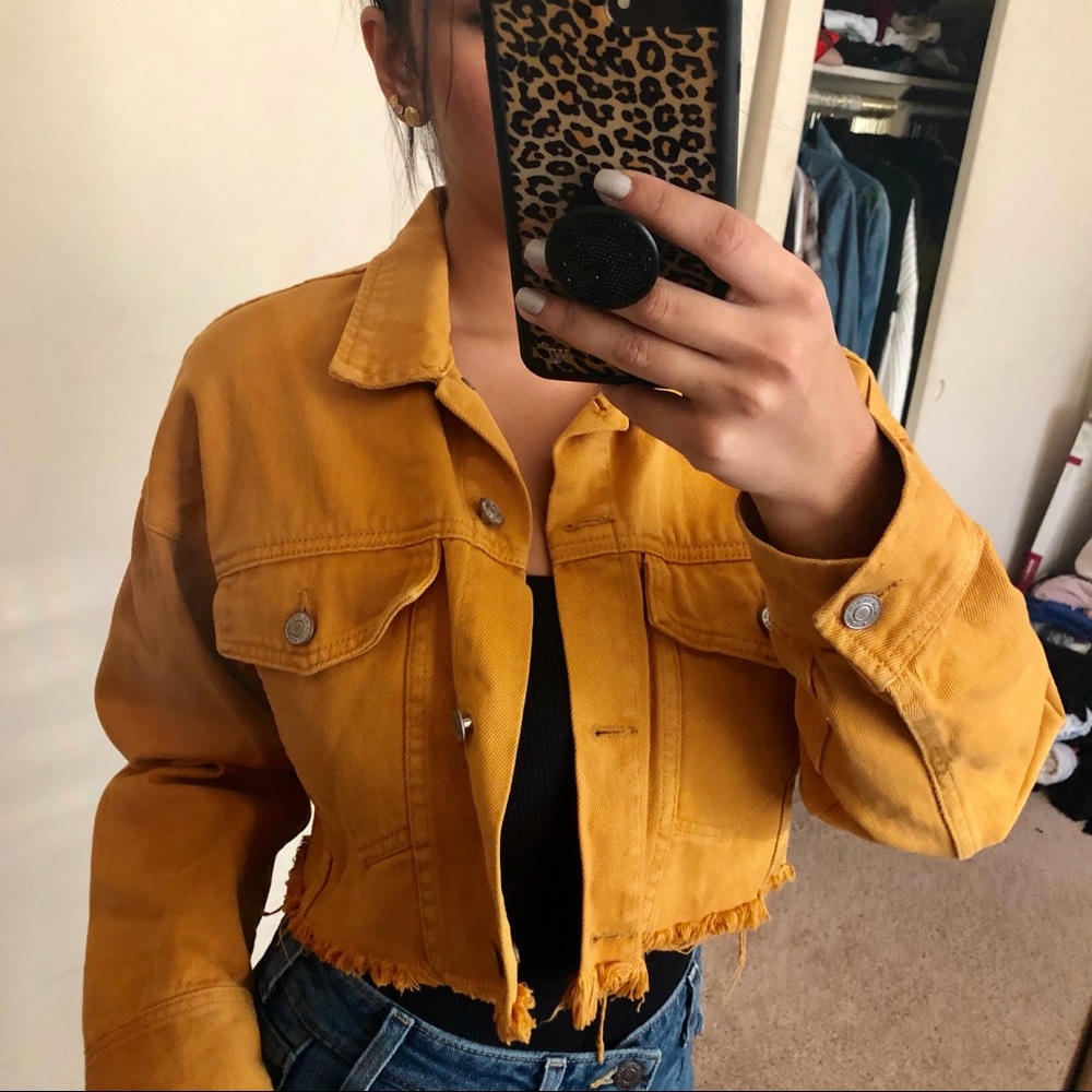 Mustard yellow cropped denim jacket